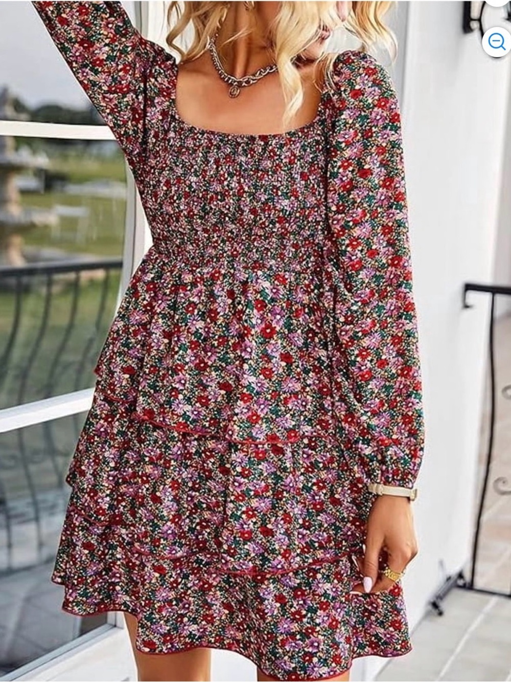 Floral Print Red Smocked Long Sleeve Square Neck Mini Dress Size XL NWT